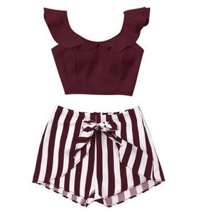 2 Piece Set Striped Belted Shorts Cami Crop Top